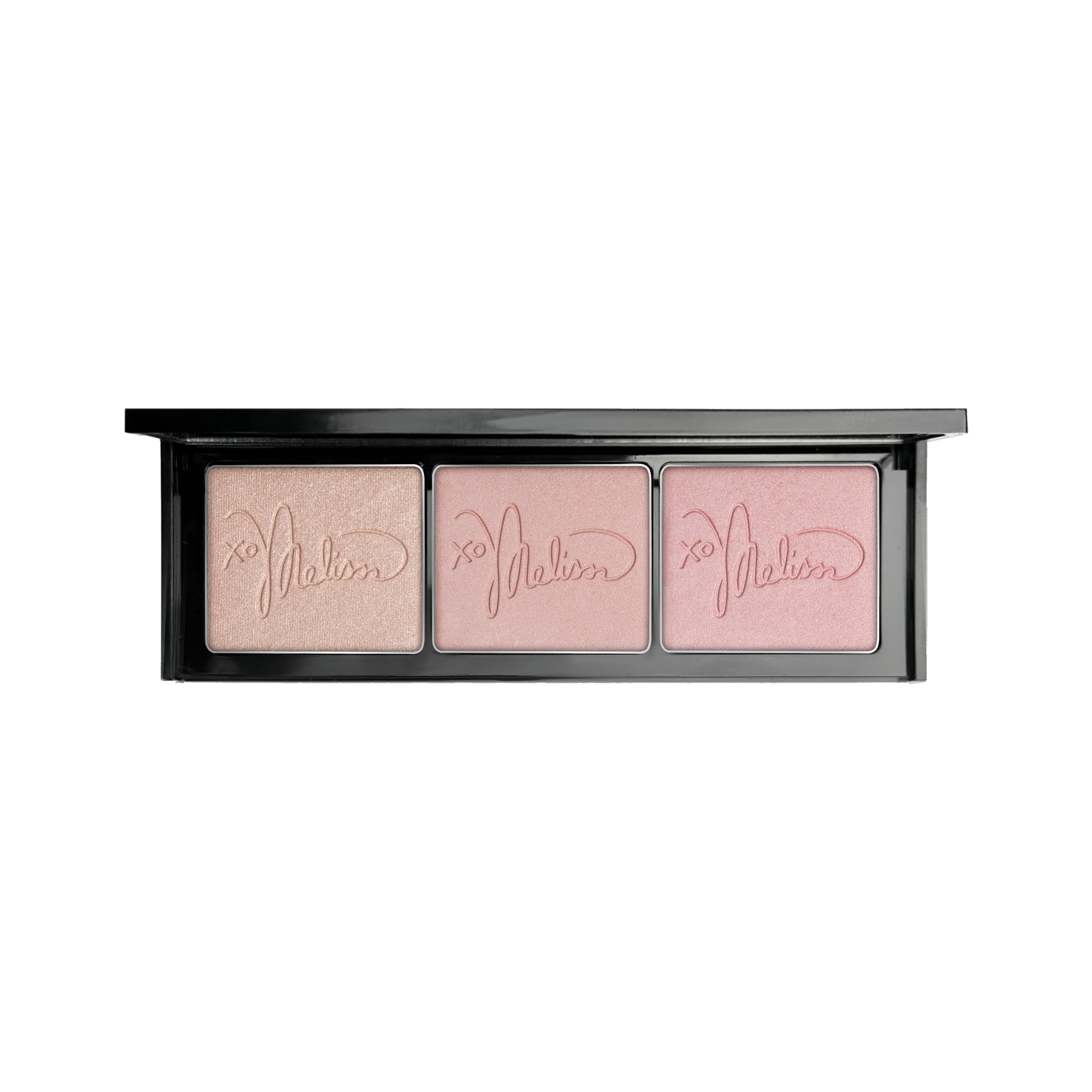 Makeup palette with three shades of blush in a black case on a white background